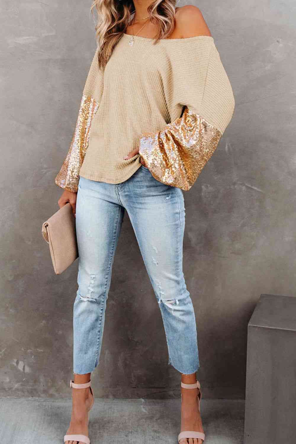 Sequin Waffle-Knit Blouse.