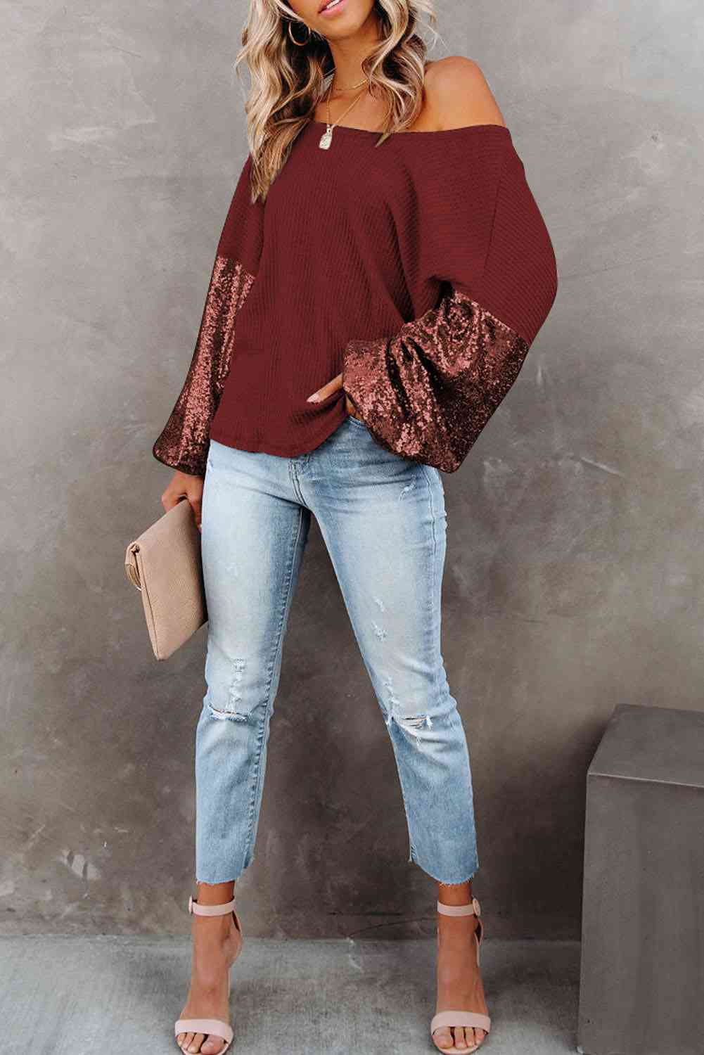 Sequin Waffle-Knit Blouse.