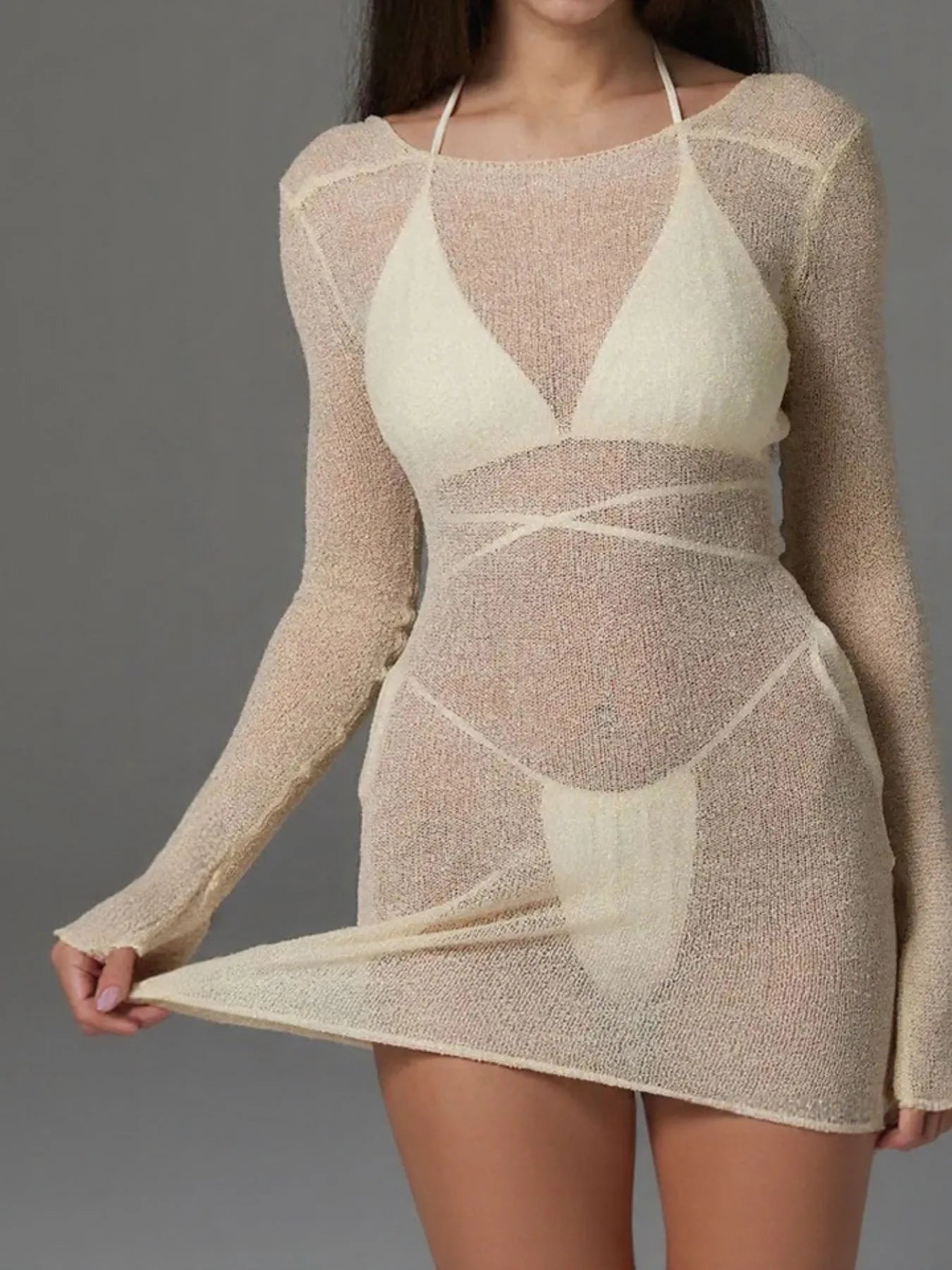 Sheer Backless Long Sleeve Mini Cover-Up Dress with Tied Back.