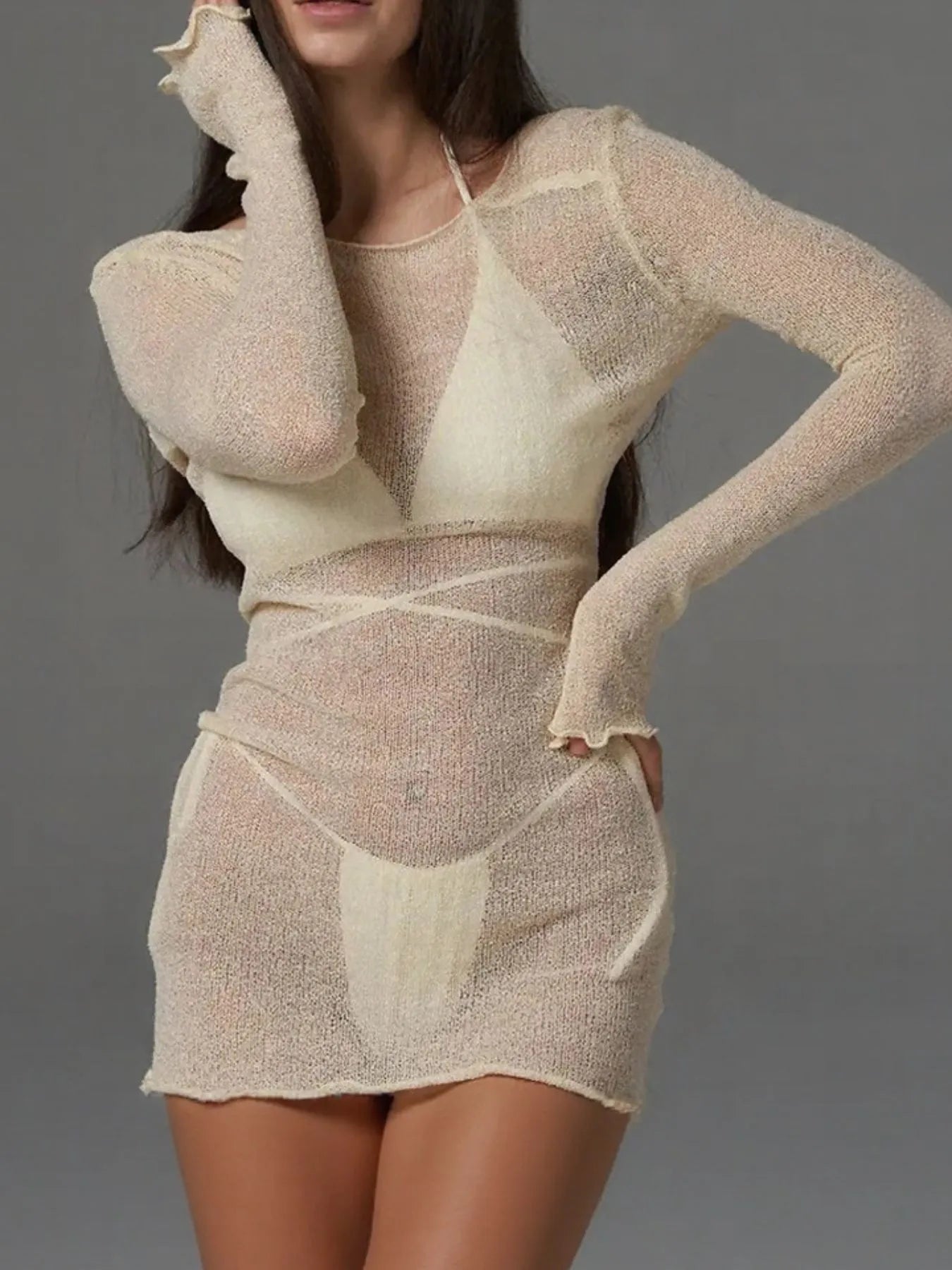 Sheer Backless Long Sleeve Mini Cover-Up Dress with Tied Back.