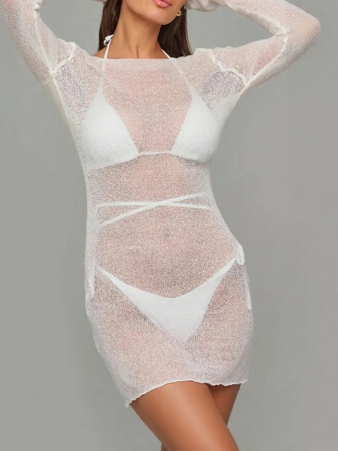 Sheer Backless Long Sleeve Mini Cover-Up Dress with Tied Back.