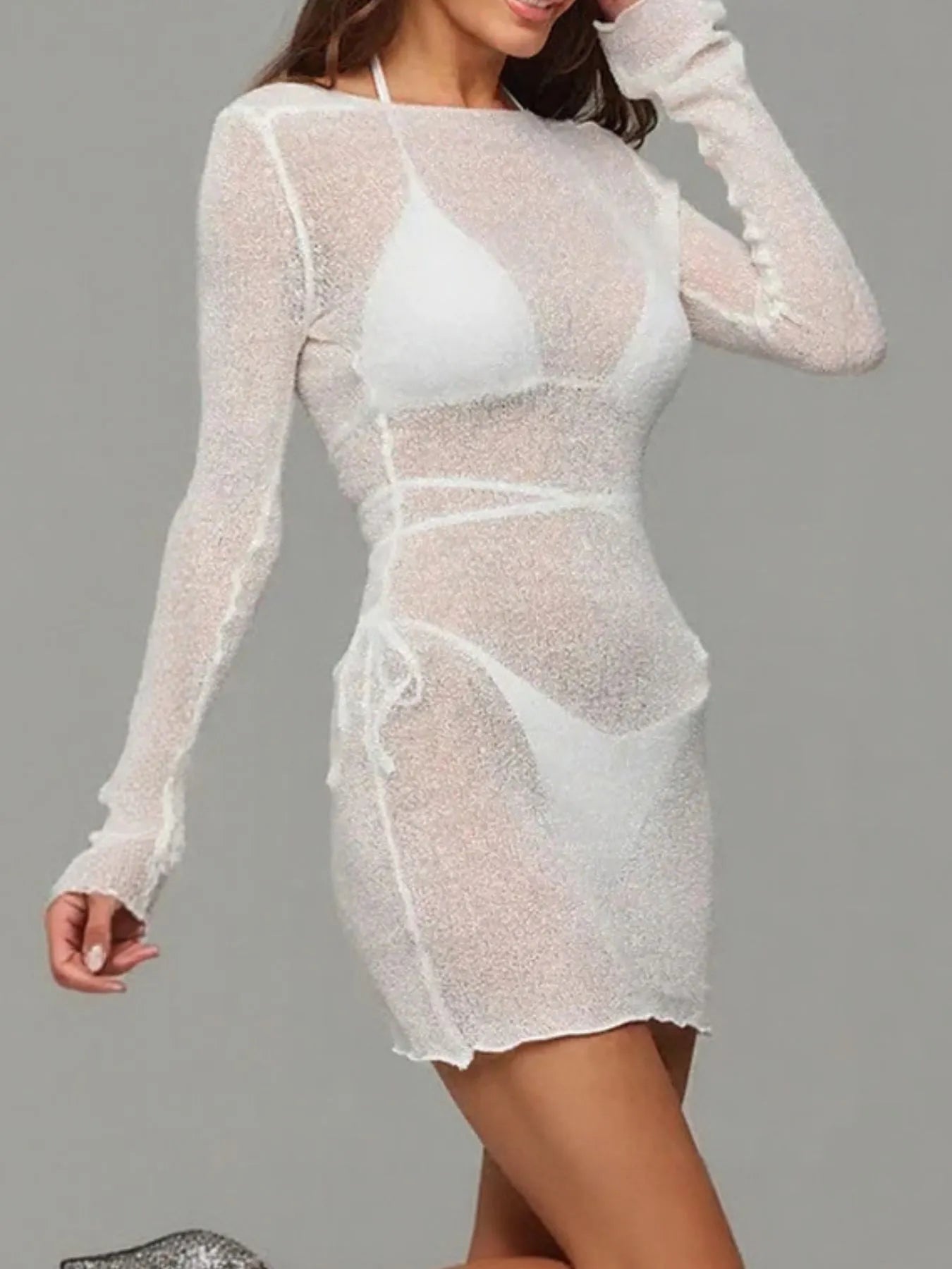 Sheer Backless Long Sleeve Mini Cover-Up Dress with Tied Back.