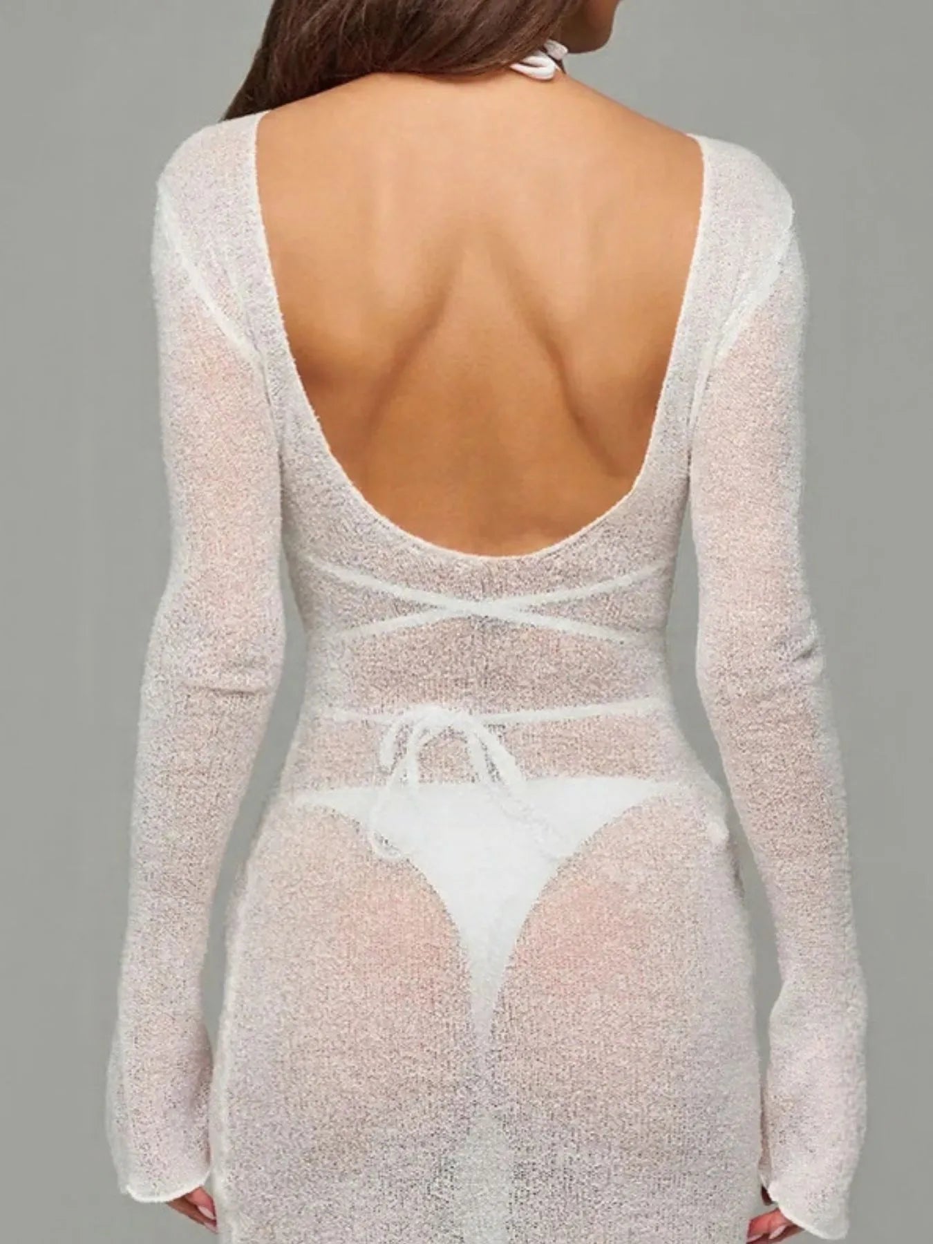 Sheer Backless Long Sleeve Mini Cover-Up Dress with Tied Back.