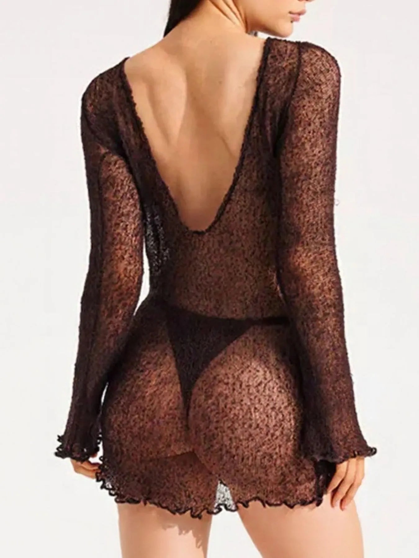 Sheer Backless Long Sleeve Mini Cover-Up Dress with Tied Back.