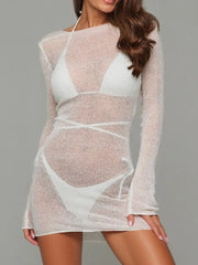Sheer Backless Long Sleeve Mini Cover-Up Dress with Tied Back.