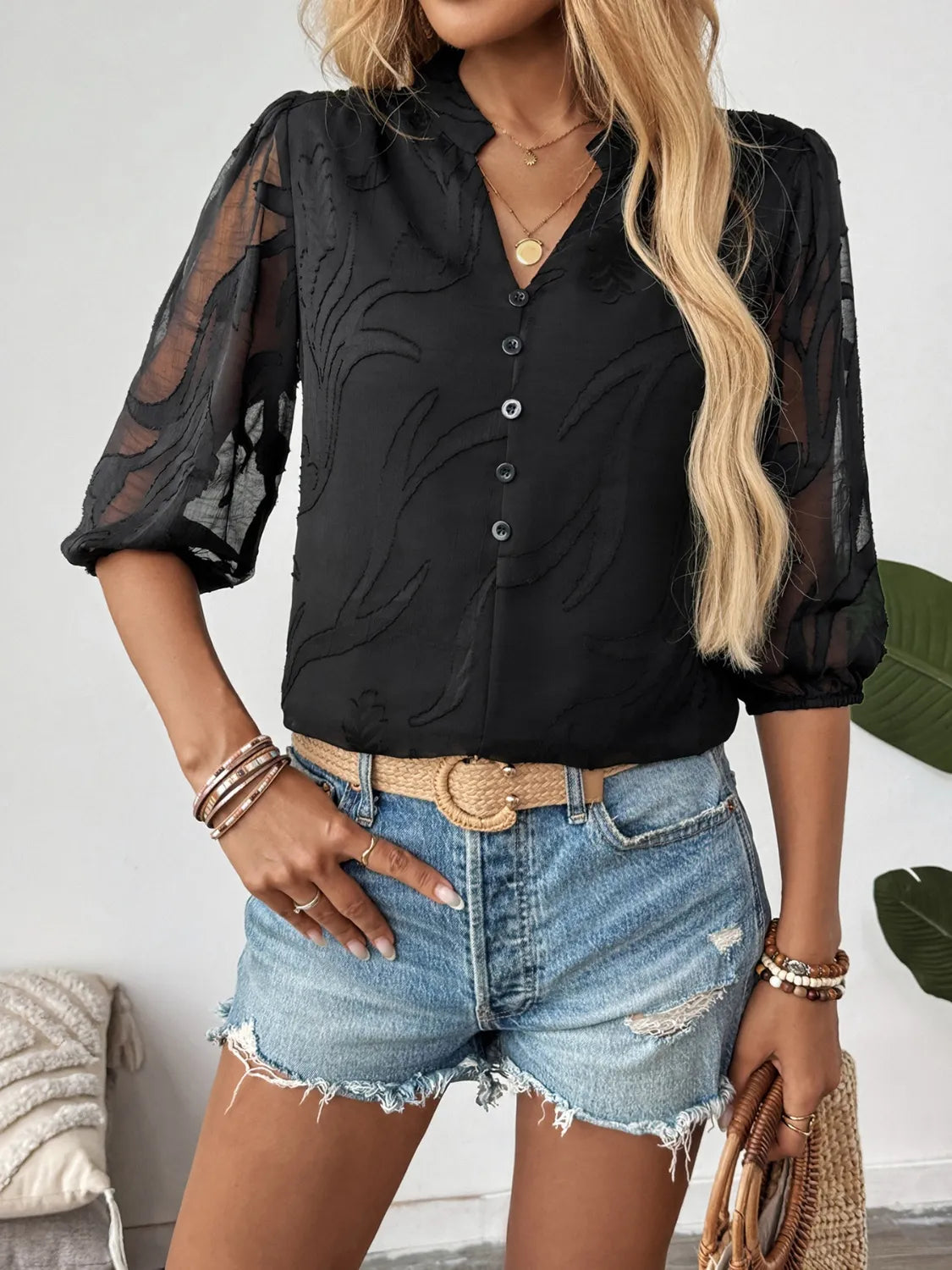 Sheer Notched Button Front Blouse.