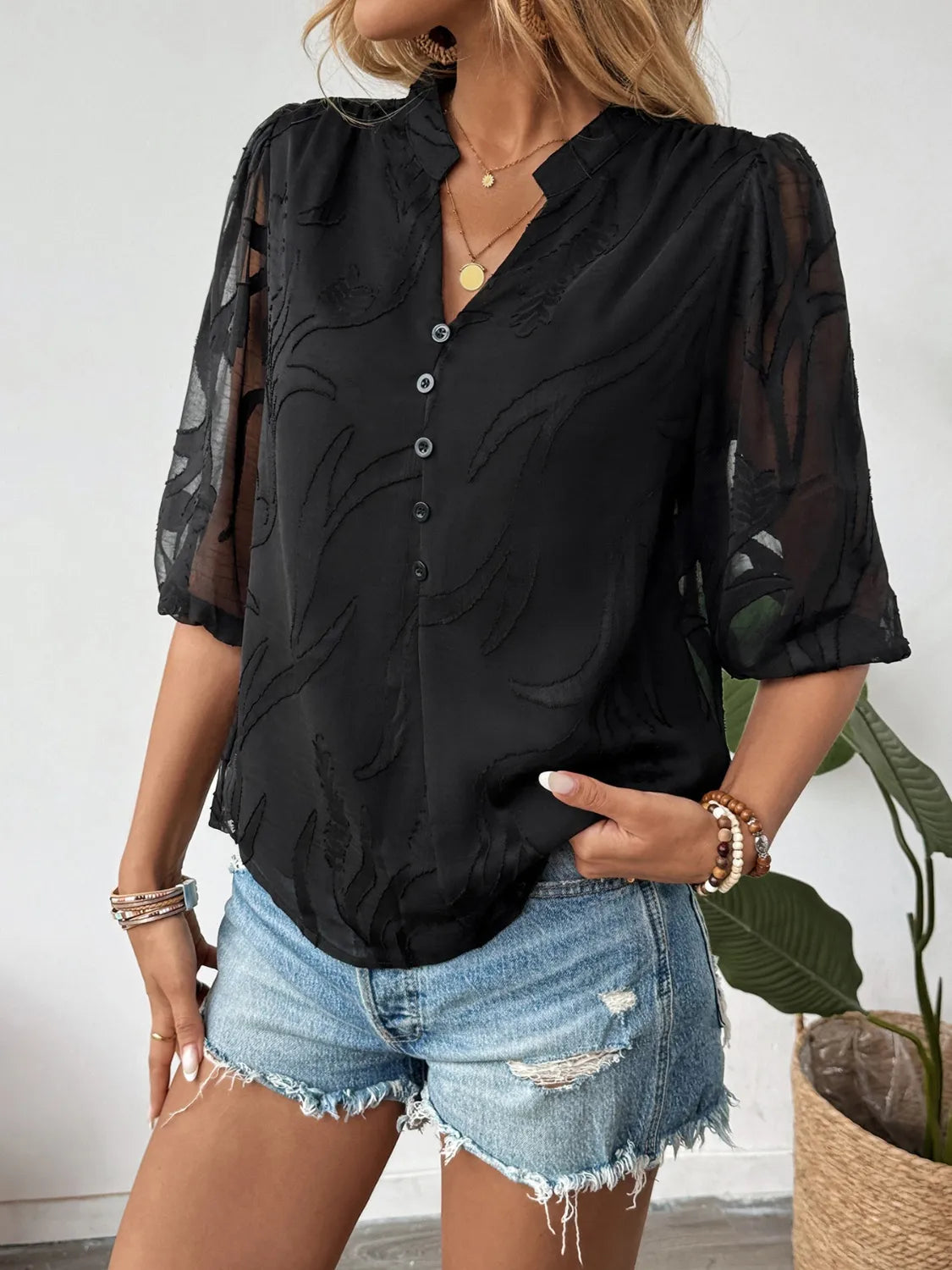 Sheer Notched Button Front Blouse.