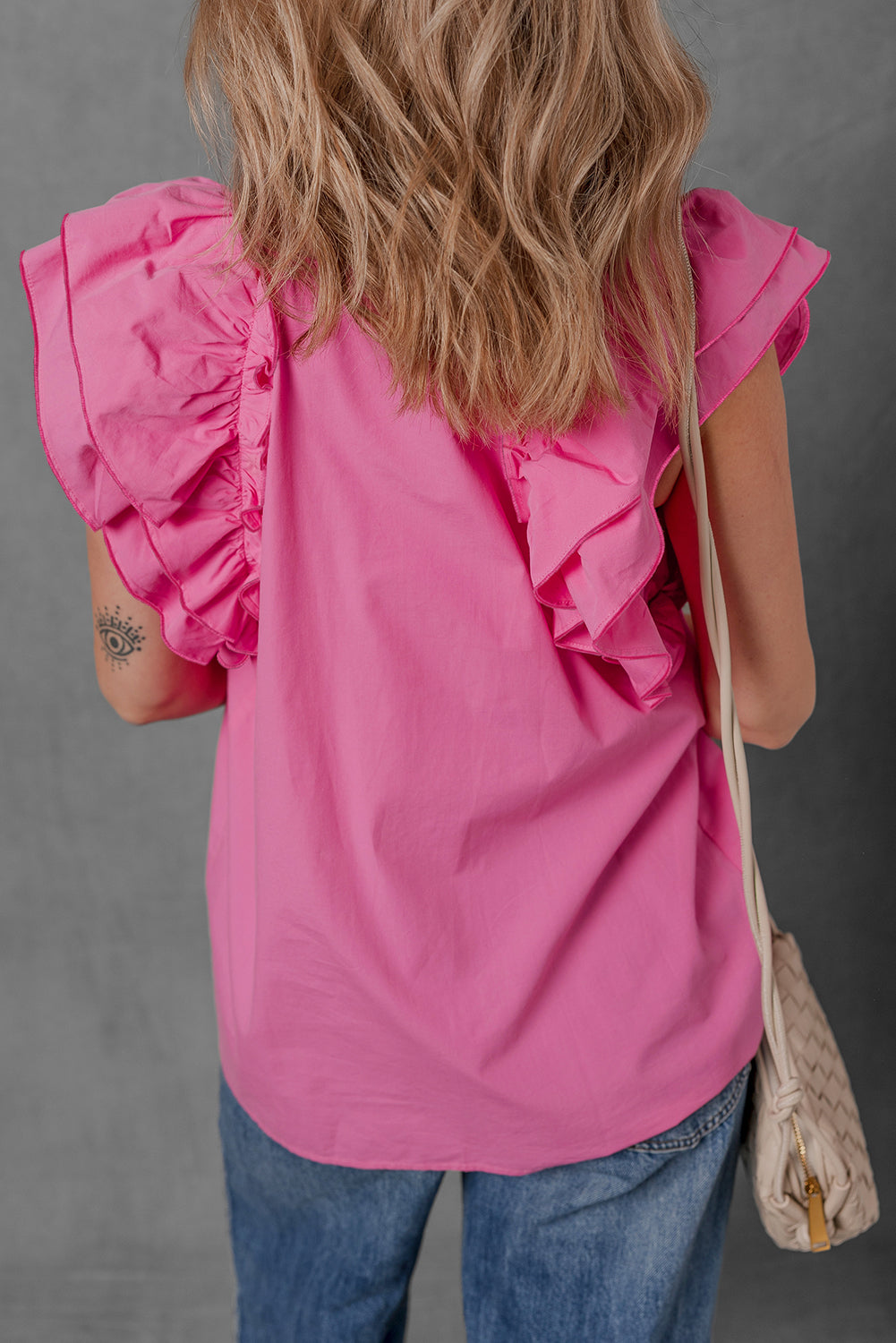 Shirred Tie Neck Ruffled Cap Sleeve Blouse.