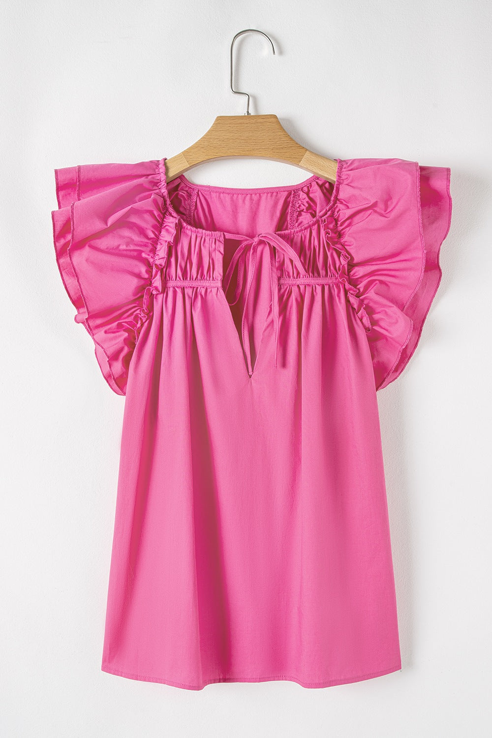 Shirred Tie Neck Ruffled Cap Sleeve Blouse.