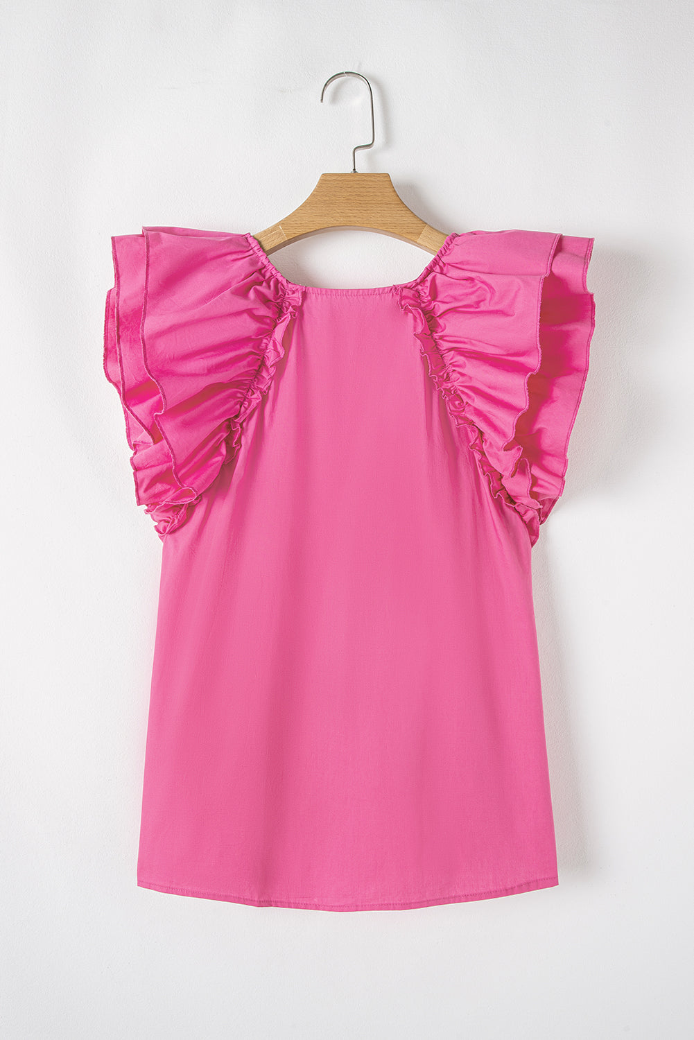 Shirred Tie Neck Ruffled Cap Sleeve Blouse.
