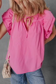 Shirred Tie Neck Ruffled Cap Sleeve Blouse.