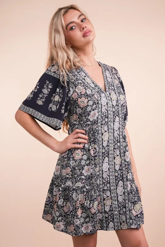 Very J Shirring Detail Printed Woven Mini Dress.