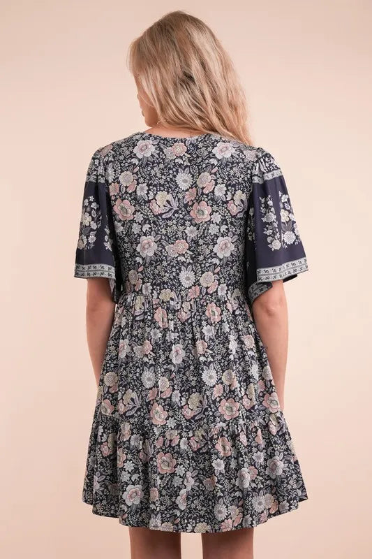 Very J Shirring Detail Printed Woven Mini Dress.