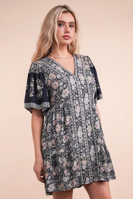 Very J Shirring Detail Printed Woven Mini Dress.