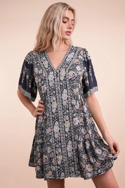 Very J Shirring Detail Printed Woven Mini Dress.