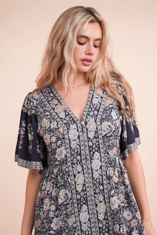 Very J Shirring Detail Printed Woven Mini Dress.