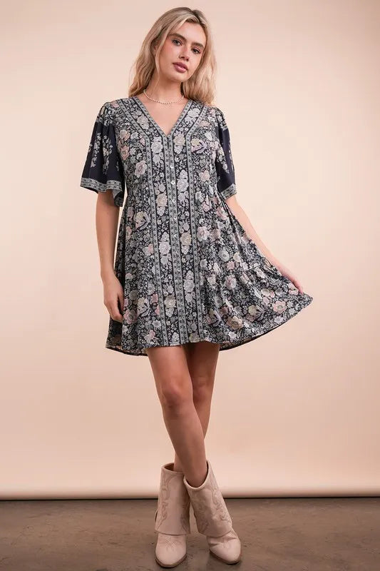 Very J Shirring Detail Printed Woven Mini Dress.