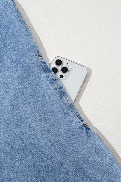Short Sleeve Collared Patched Pocket Denim Mini Dress.