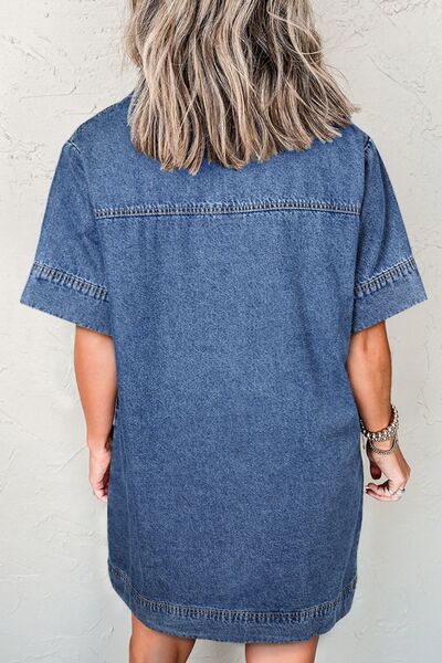Short Sleeve Collared Patched Pocket Denim Mini Dress.