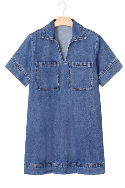 Short Sleeve Collared Patched Pocket Denim Mini Dress.