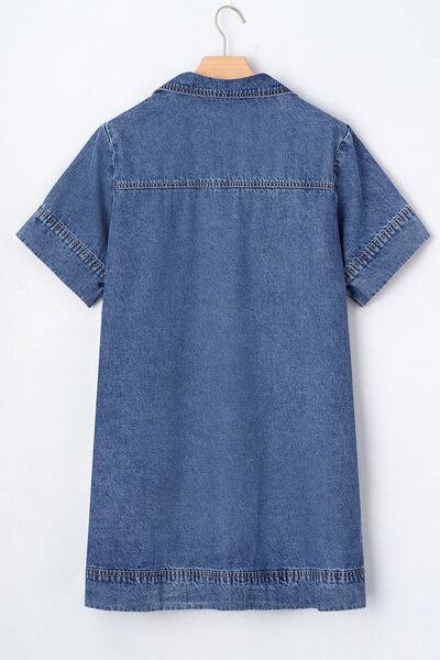 Short Sleeve Collared Patched Pocket Denim Mini Dress.