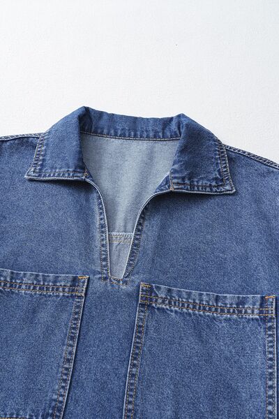 Short Sleeve Collared Patched Pocket Denim Mini Dress.