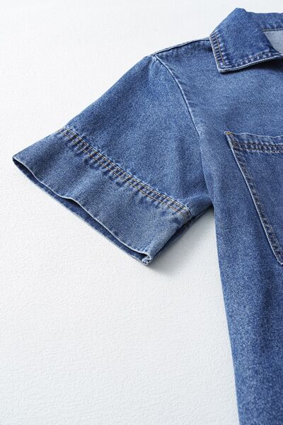 Short Sleeve Collared Patched Pocket Denim Mini Dress.