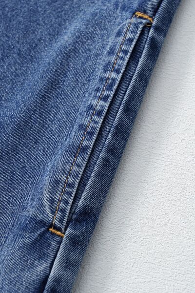 Short Sleeve Collared Patched Pocket Denim Mini Dress.
