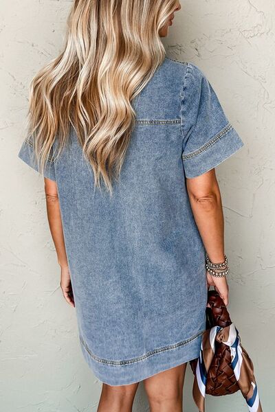 Short Sleeve Collared Patched Pocket Denim Mini Dress.