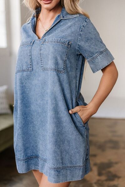 Short Sleeve Collared Patched Pocket Denim Mini Dress.