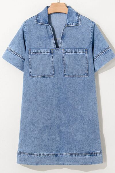 Short Sleeve Collared Patched Pocket Denim Mini Dress.