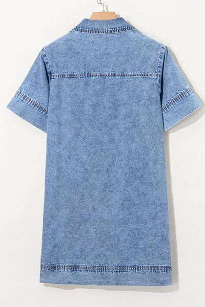 Short Sleeve Collared Patched Pocket Denim Mini Dress.