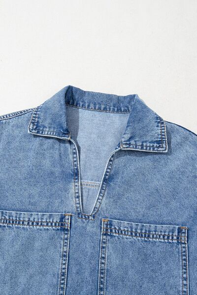 Short Sleeve Collared Patched Pocket Denim Mini Dress.