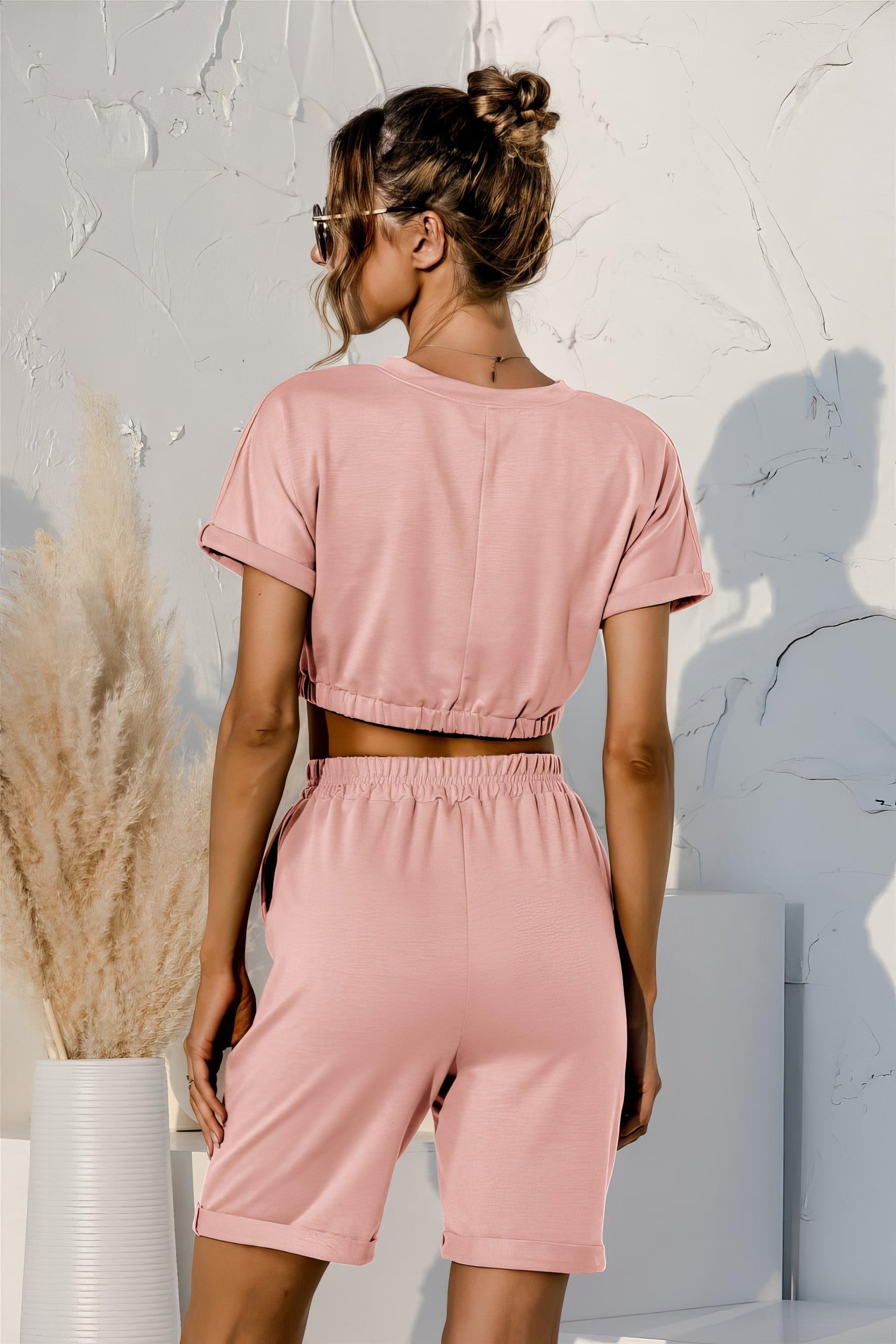 Women's short sleeve cropped top and drawstring shorts lounge set with tie