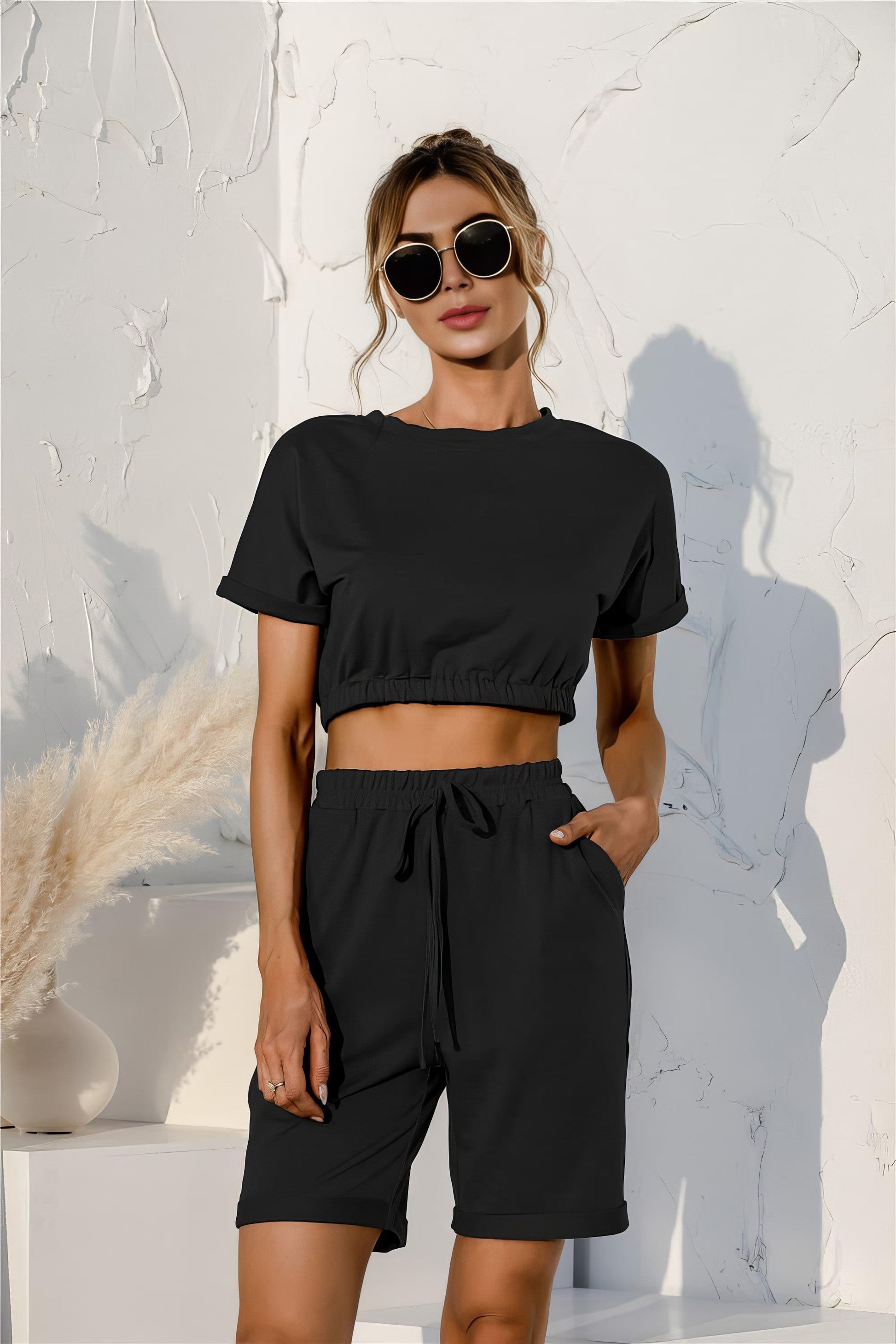 Women's short sleeve cropped top and drawstring shorts lounge set with tie
