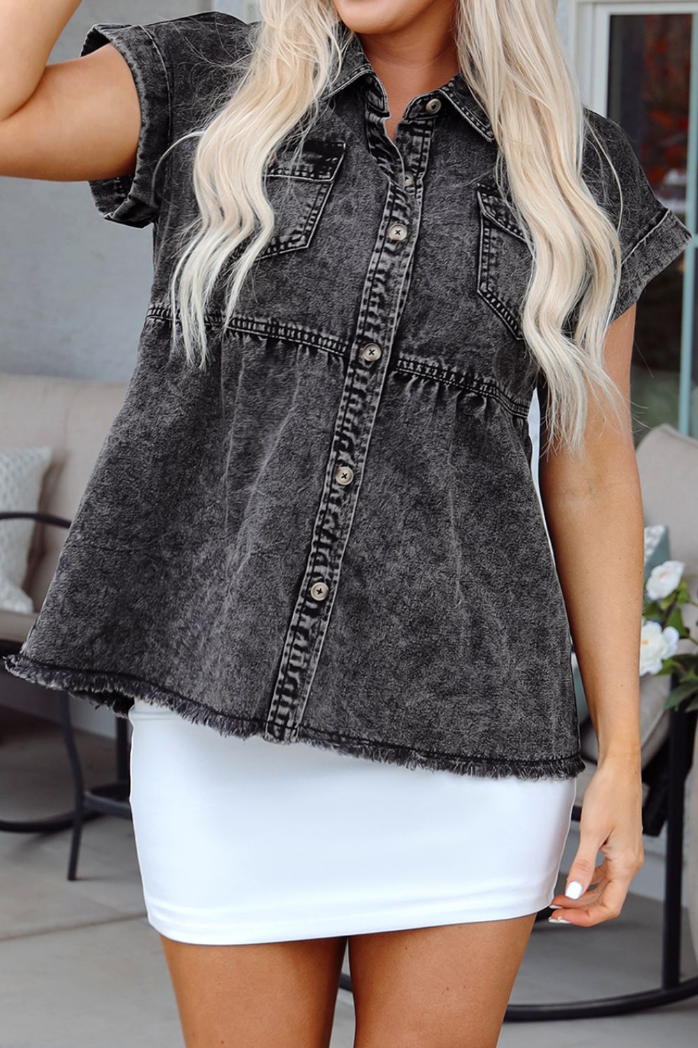 Short Sleeve Flap Pocket Button Up Raw Hem Denim Shirt.