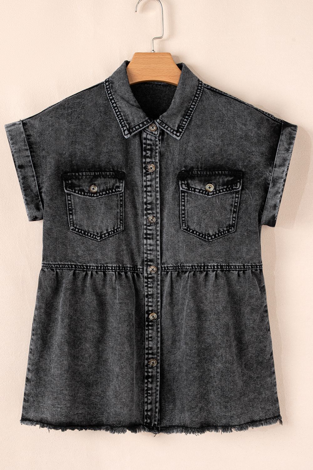 Short Sleeve Flap Pocket Button Up Raw Hem Denim Shirt.