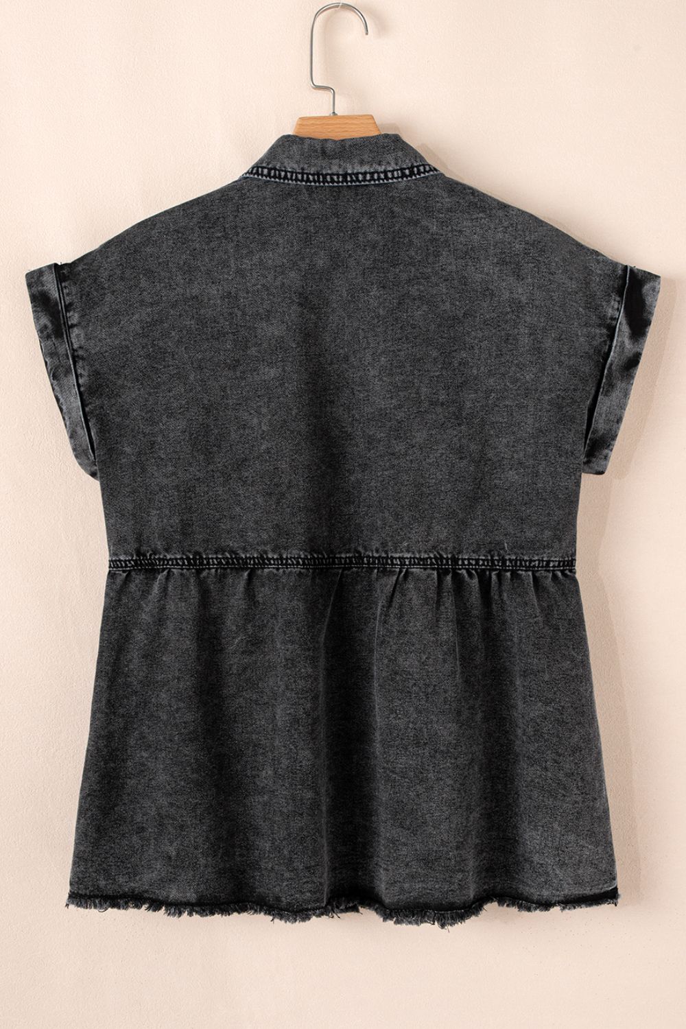 Short Sleeve Flap Pocket Button Up Raw Hem Denim Shirt.