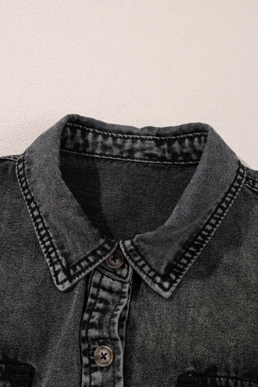 Short Sleeve Flap Pocket Button Up Raw Hem Denim Shirt.