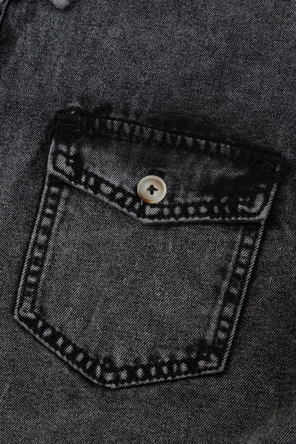 Short Sleeve Flap Pocket Button Up Raw Hem Denim Shirt.