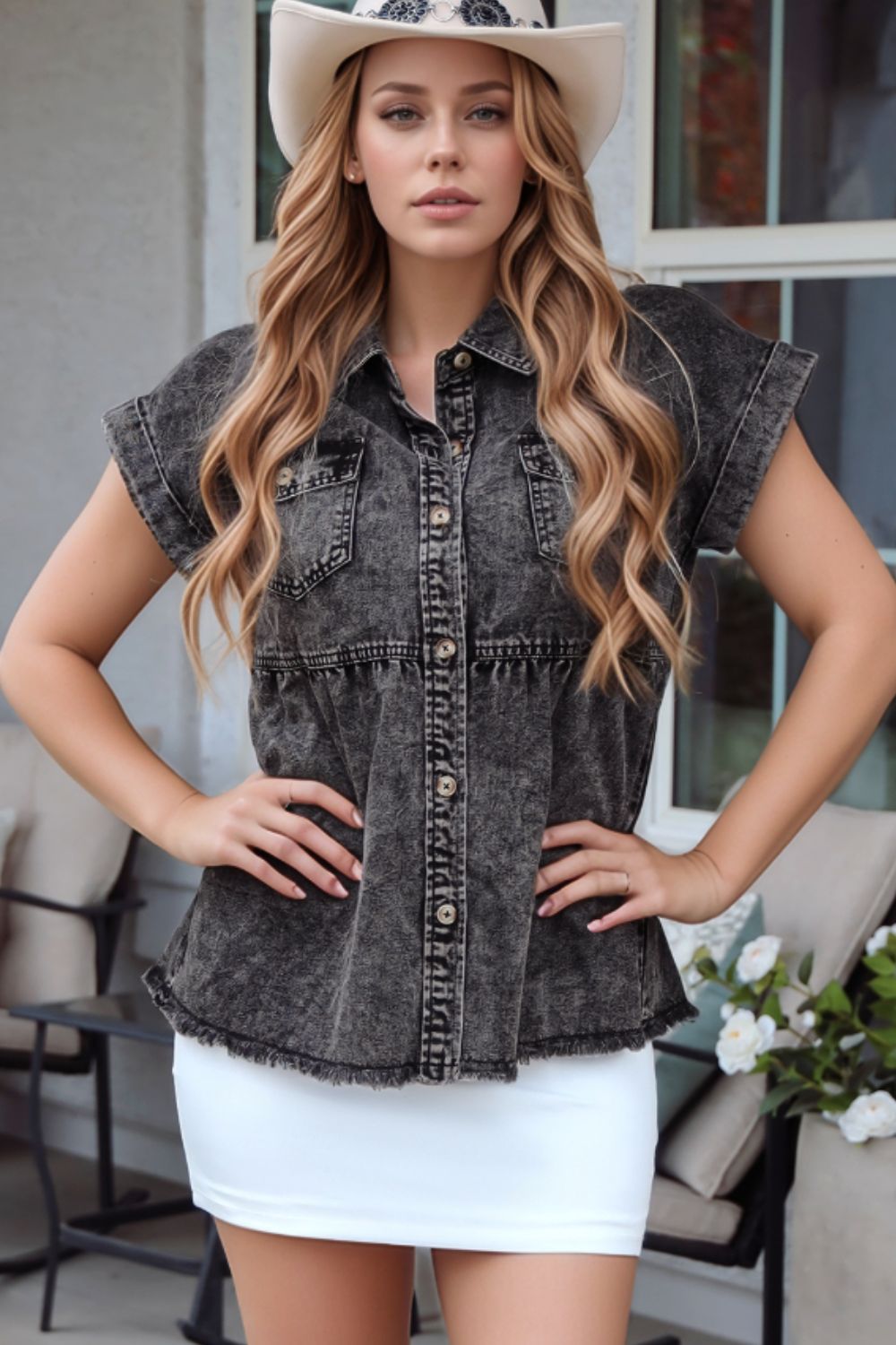 Short Sleeve Flap Pocket Button Up Raw Hem Denim Shirt.