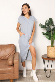 Perfee Short Sleeve Front Slit Hooded Dress.