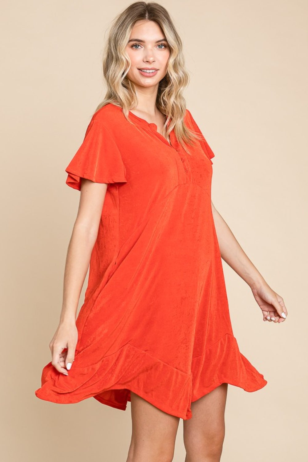 Culture Code Full Size Short Sleeve Ruffled Asymmetric Hem Dress.