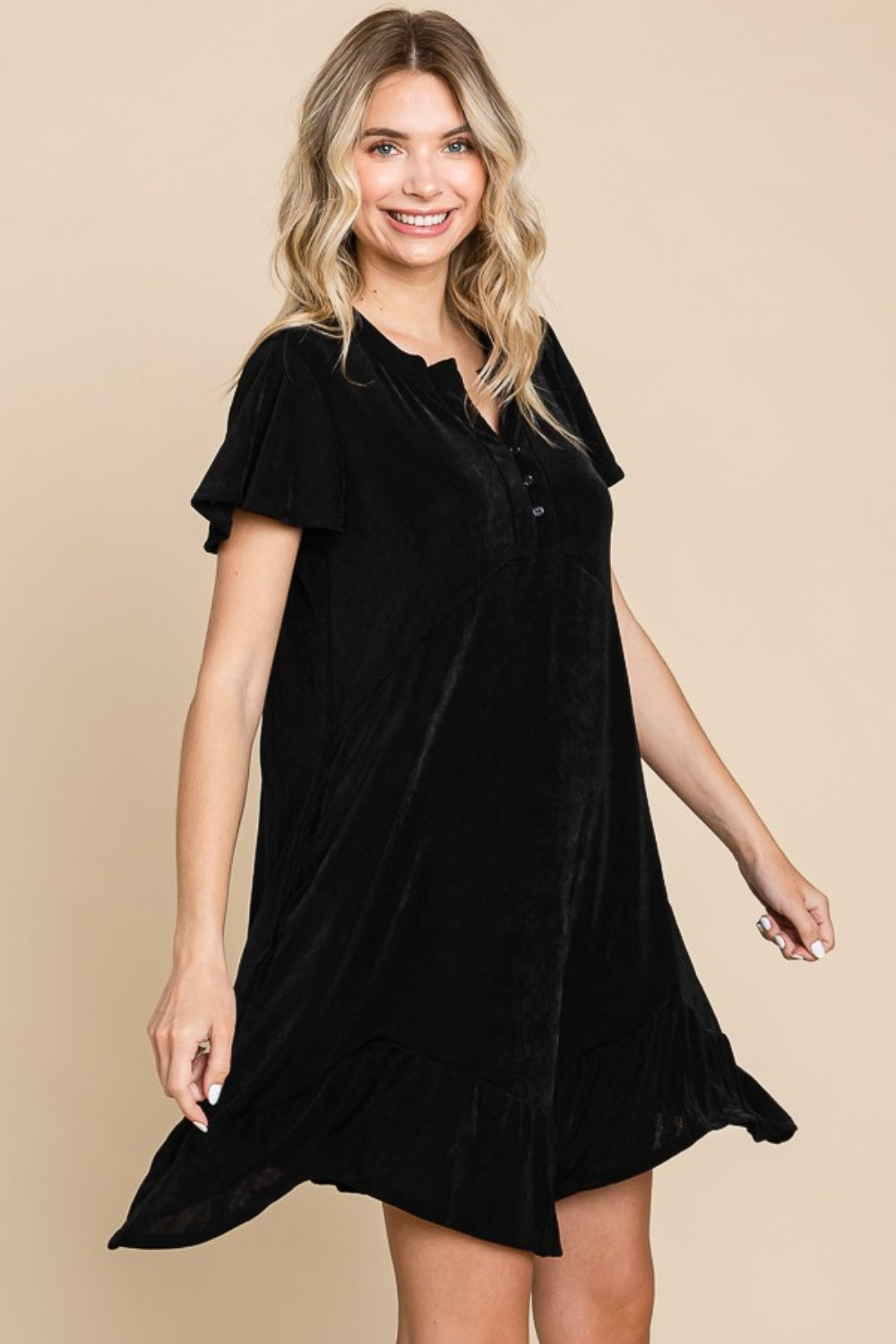 Culture Code Full Size Short Sleeve Ruffled Asymmetric Hem Dress.