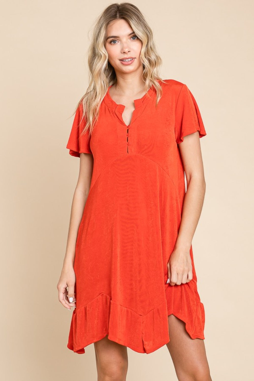 Culture Code Full Size Short Sleeve Ruffled Asymmetric Hem Dress.