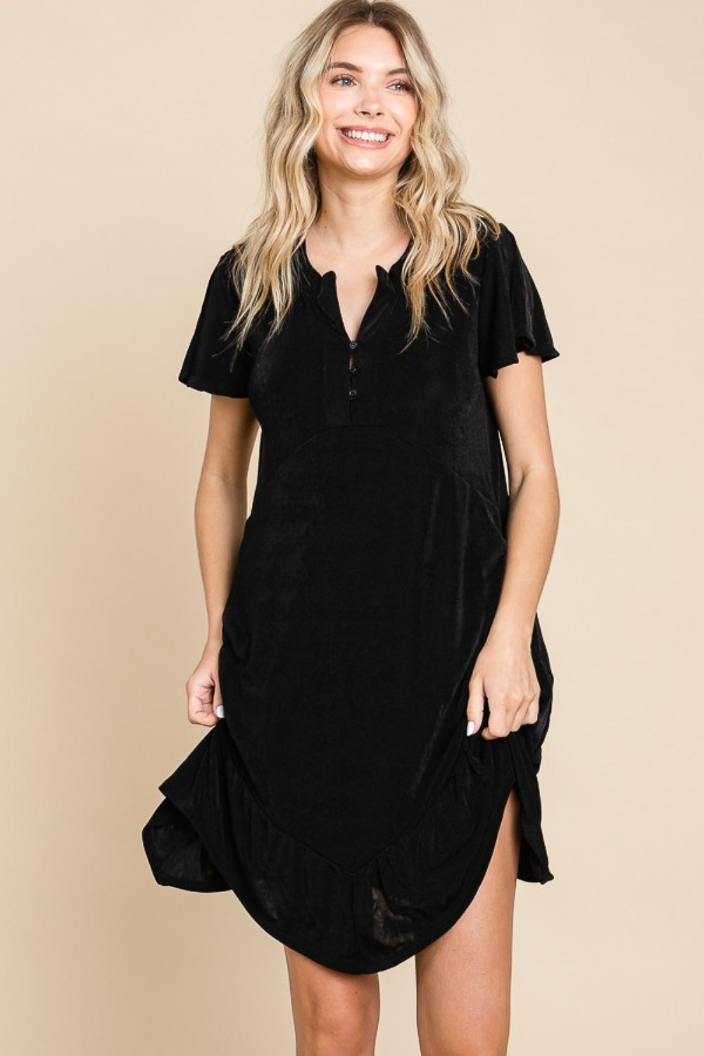 Culture Code Full Size Short Sleeve Ruffled Asymmetric Hem Dress.