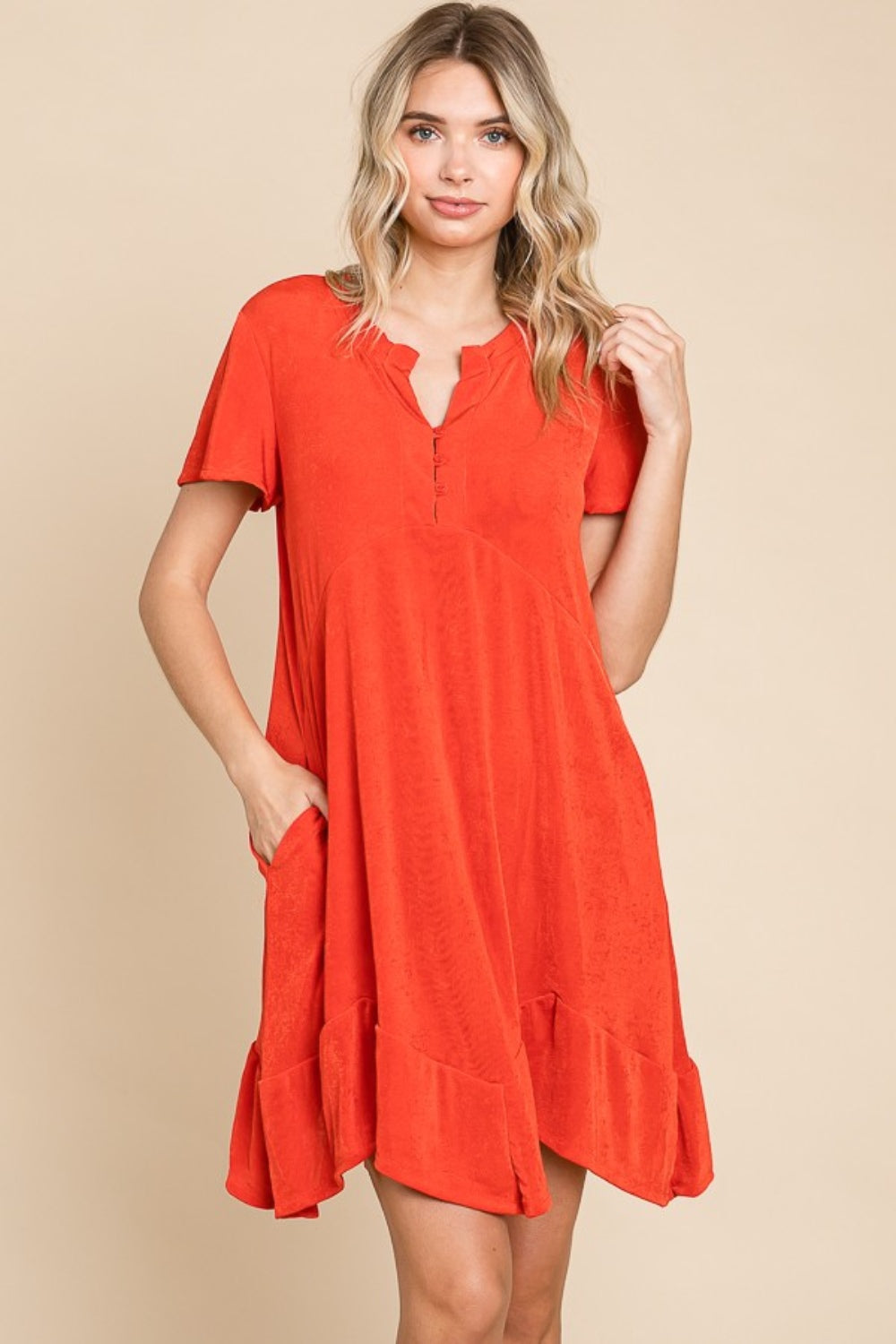 Culture Code Full Size Short Sleeve Ruffled Asymmetric Hem Dress.