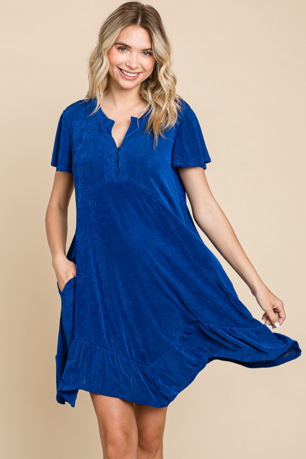 Culture Code Full Size Short Sleeve Ruffled Asymmetric Hem Dress.