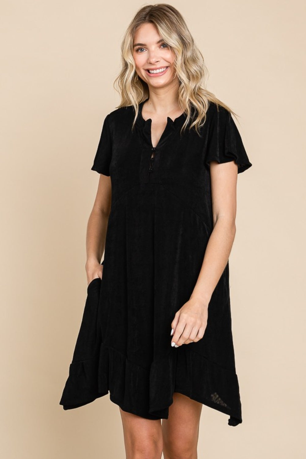 Culture Code Full Size Short Sleeve Ruffled Asymmetric Hem Dress.