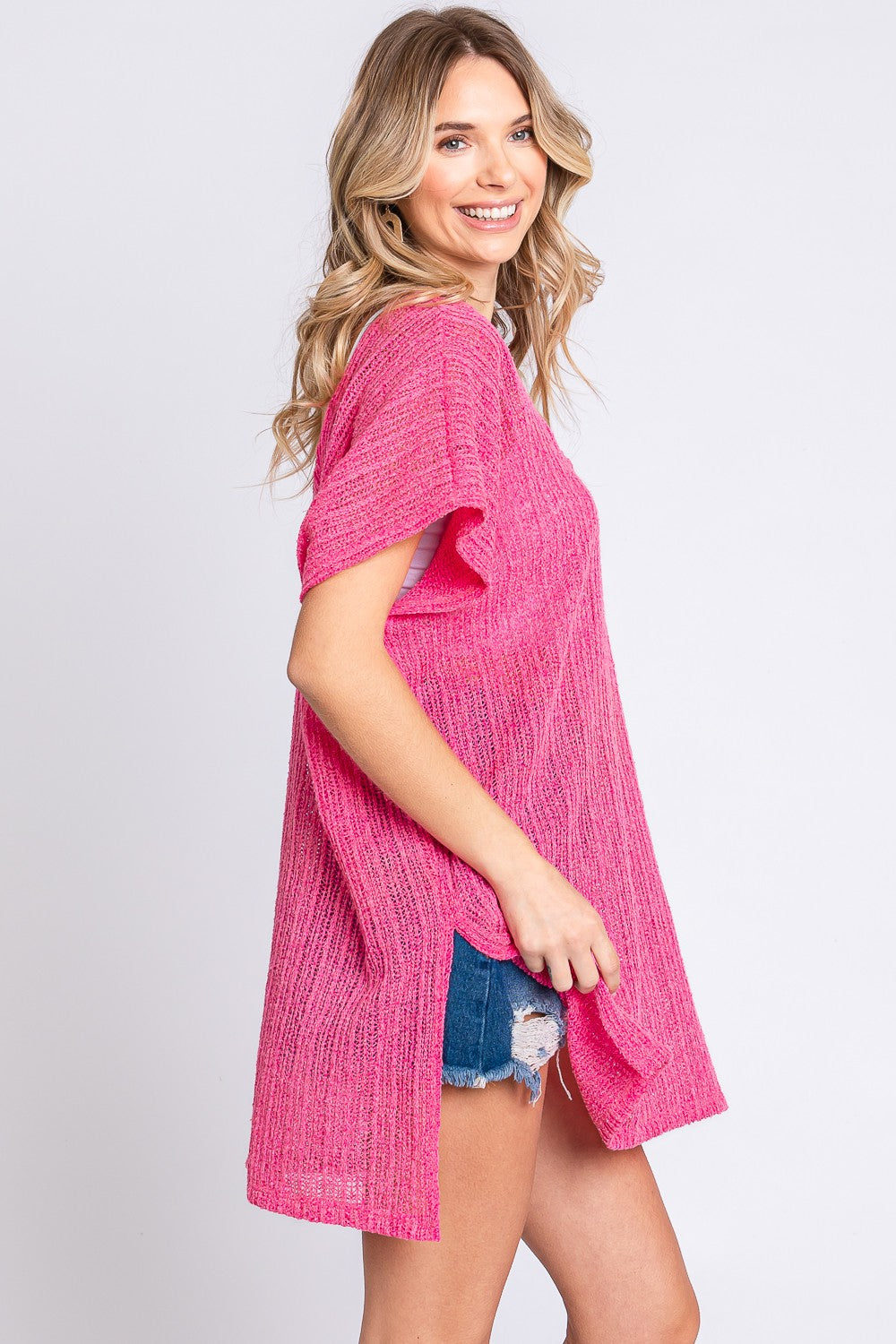 Geegee Short Sleeve Side Slit Knit Cover Up Dress.